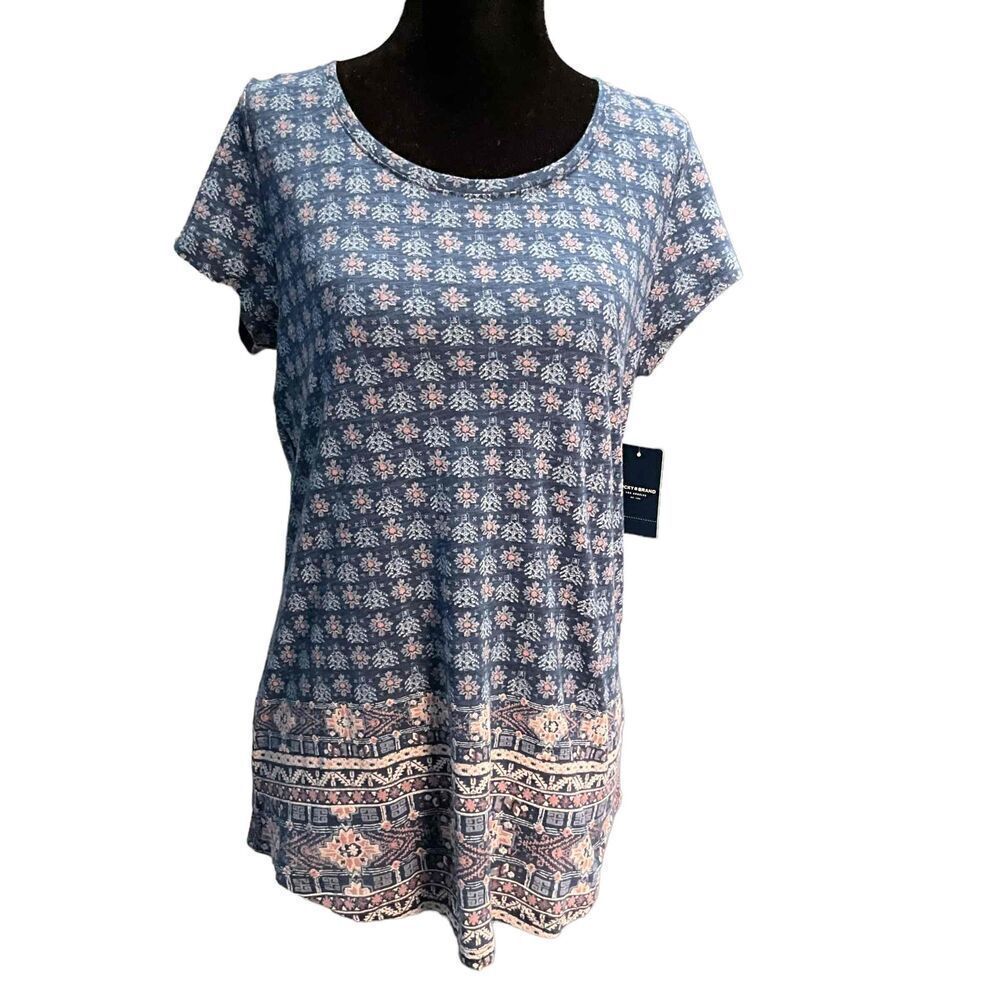 Lucky Brand Womens Medium Blue Pink Pattern Short Sleeve Round Neck Tunic Tshirt